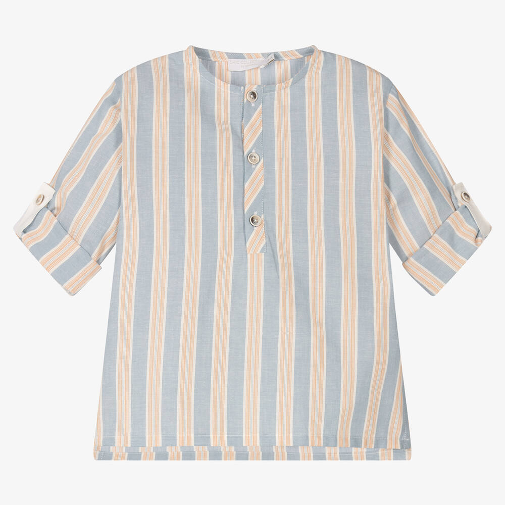 Laranjinha-Boys Blue Stripe Cotton Popover Shirt | Childrensalon Outlet
