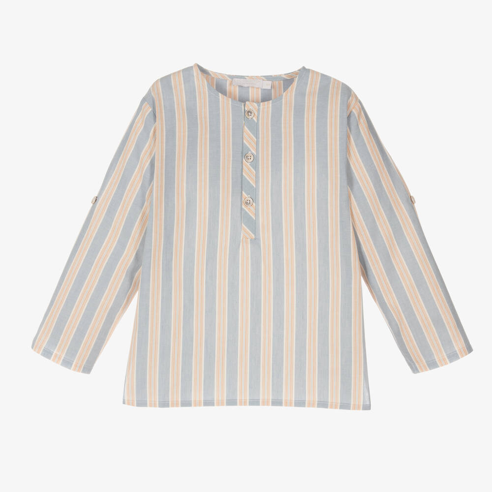 Laranjinha-Boys Blue Stripe Cotton Popover Shirt | Childrensalon Outlet