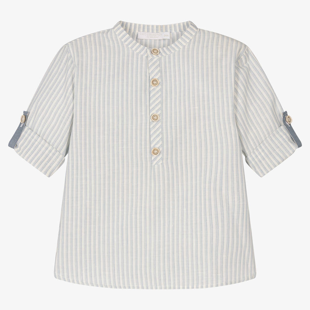 Laranjinha - Boys Blue Stripe Cotton Popover Shirt | Childrensalon