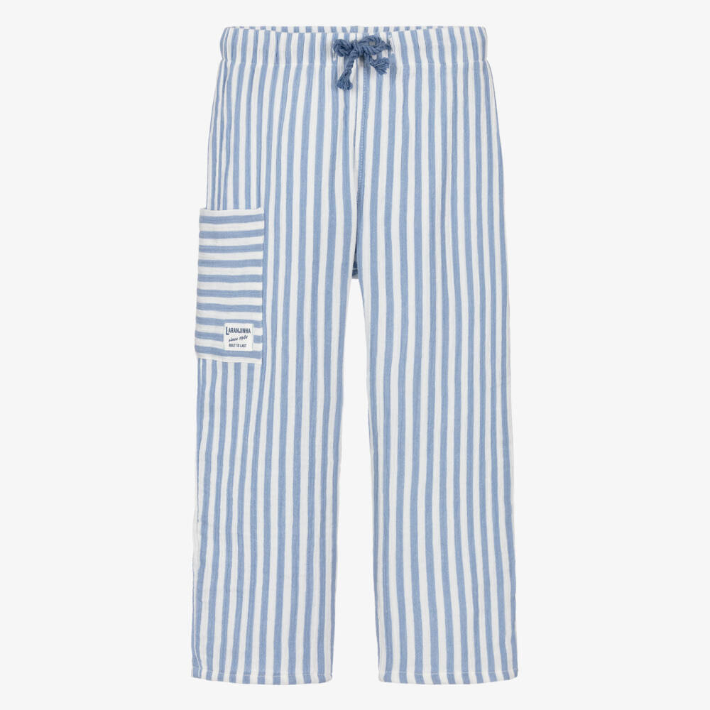 Laranjinha-Boys Blue Striped Cotton Drawstring Trousers | Childrensalon Outlet