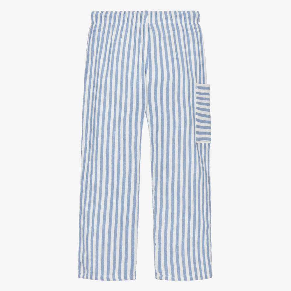 Laranjinha-Boys Blue Striped Cotton Drawstring Trousers | Childrensalon Outlet