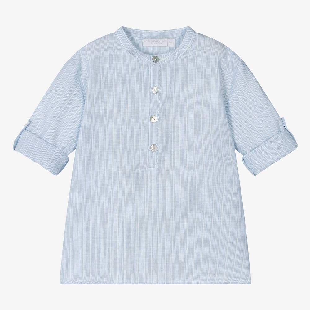 Laranjinha-Boys Blue Striped Linen Shirt | Childrensalon Outlet