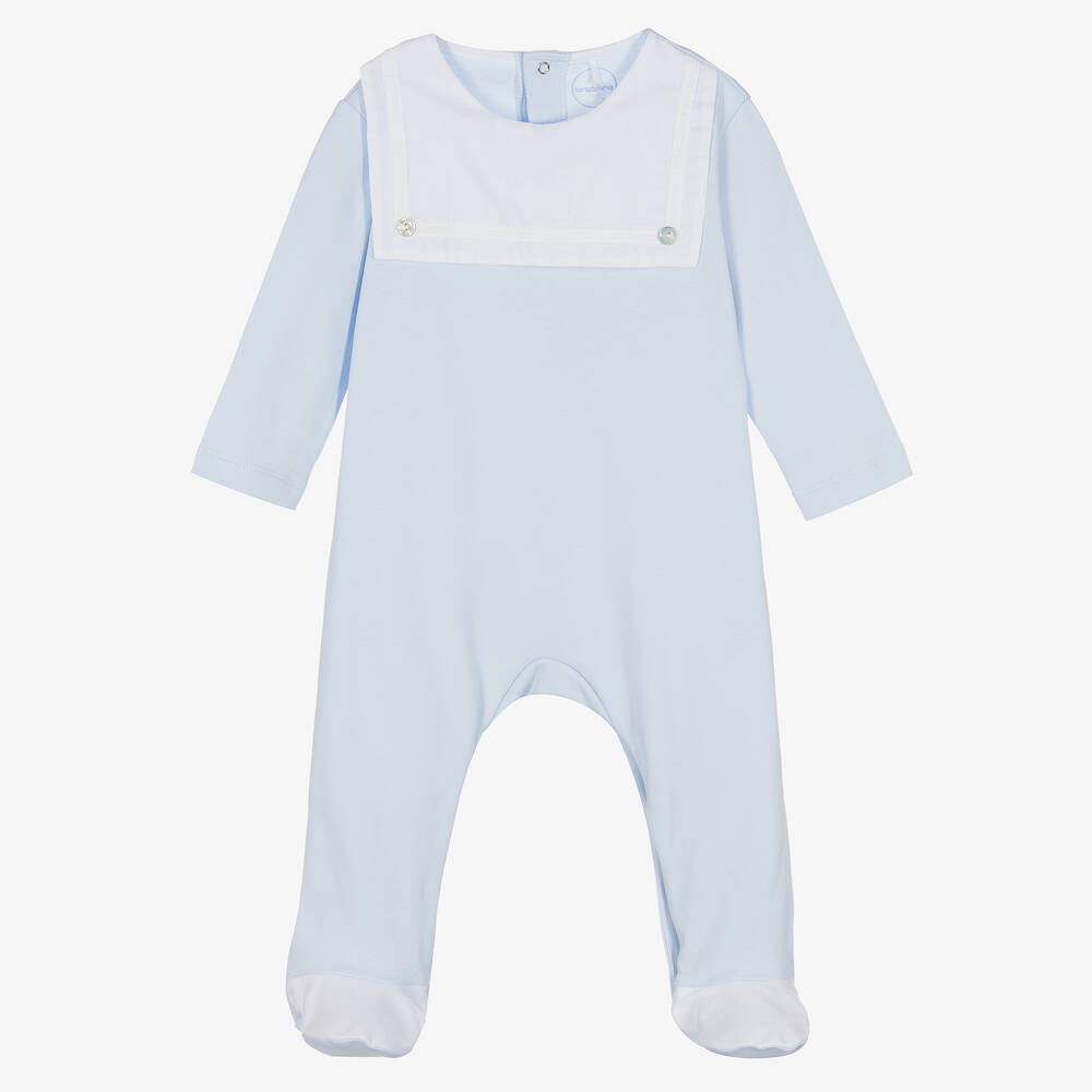 Laranjinha - Boys Blue & White Cotton Babygrow | Childrensalon