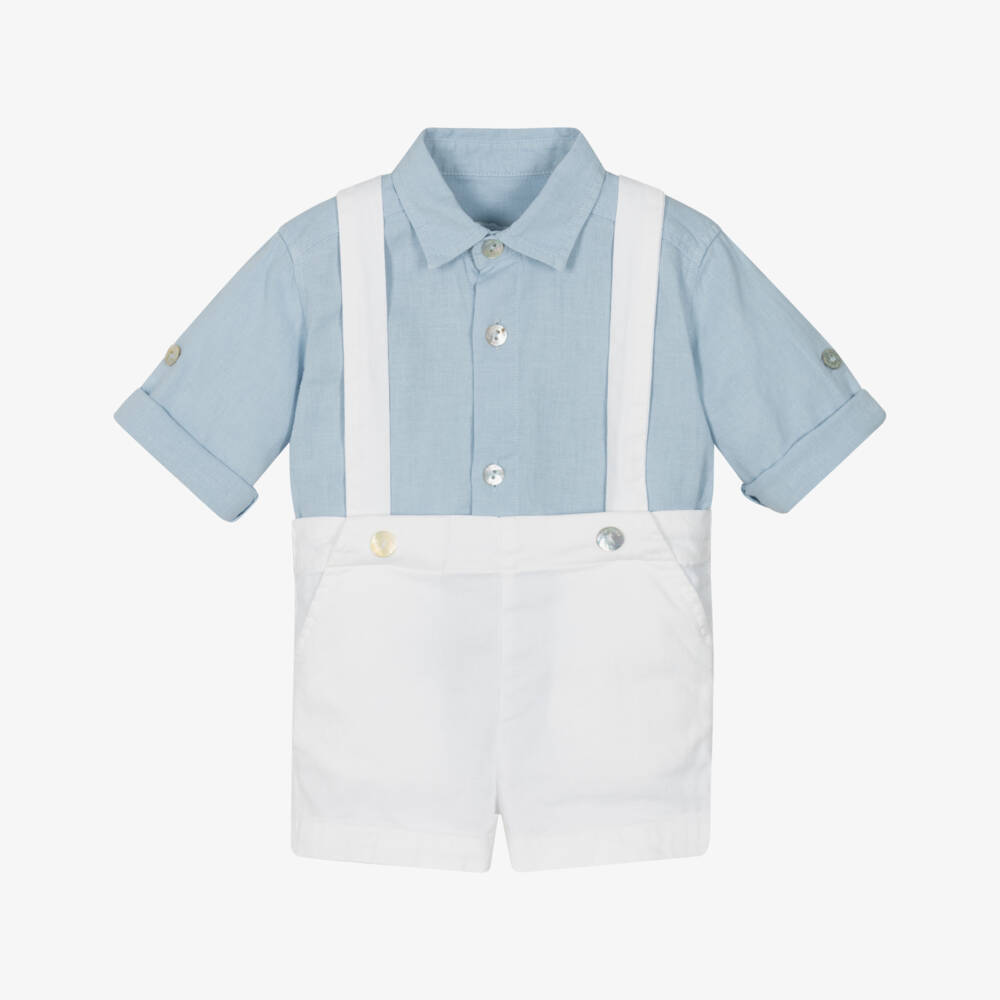 Laranjinha-Boys Blue & White Linen Shorts Ensemble | Childrensalon Outlet