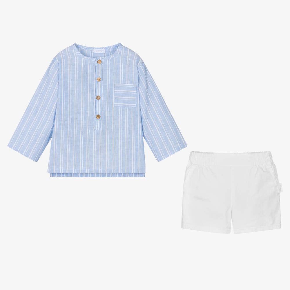 Laranjinha-Boys Blue & White Stripe Shorts Set | Childrensalon Outlet