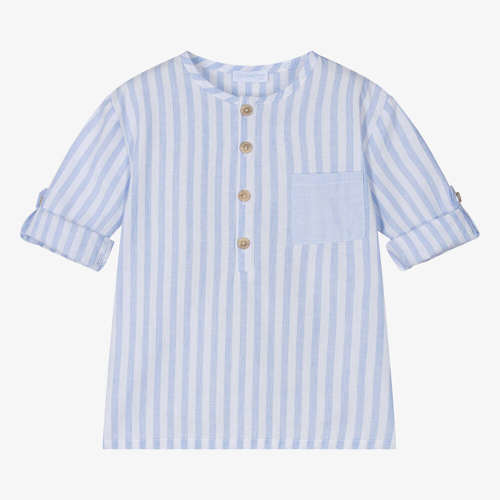 Laranjinha-Boys Blue & White Striped Cotton Shirt | Childrensalon Outlet