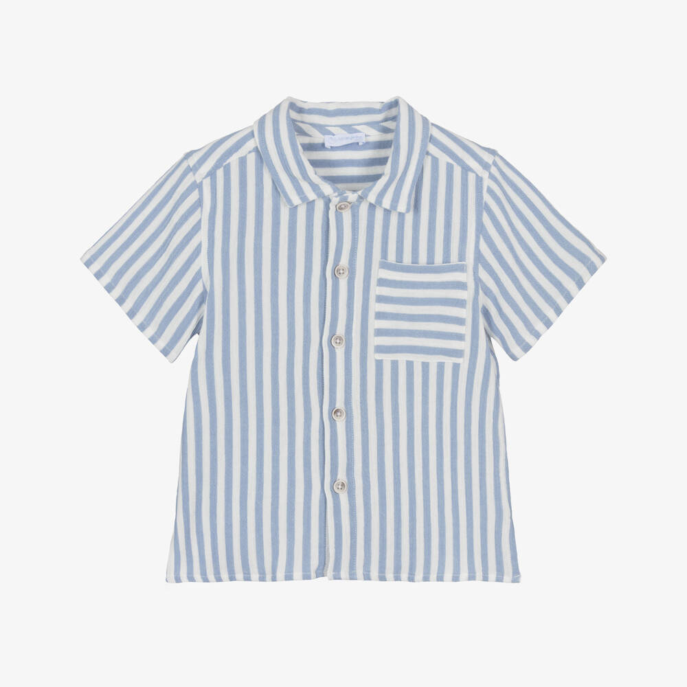 Laranjinha-Boys Blue & White Striped Cotton Short-Sleeve Shirt | Childrensalon Outlet
