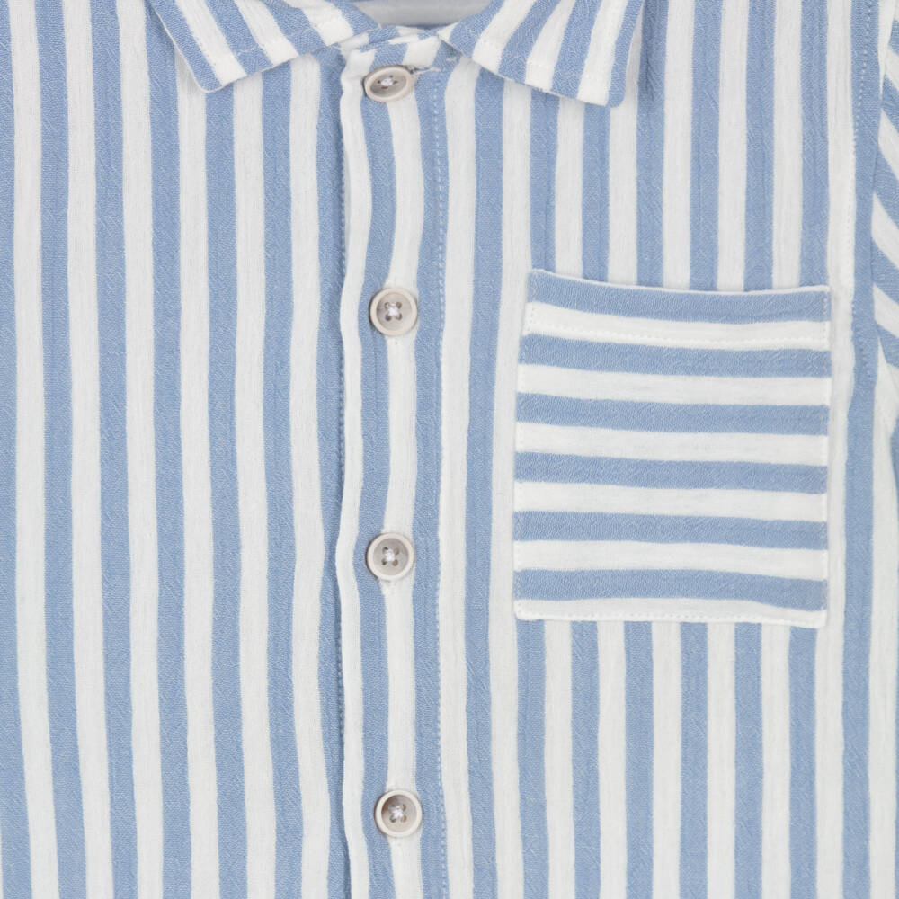 Laranjinha-Boys Blue & White Striped Cotton Short-Sleeve Shirt | Childrensalon Outlet