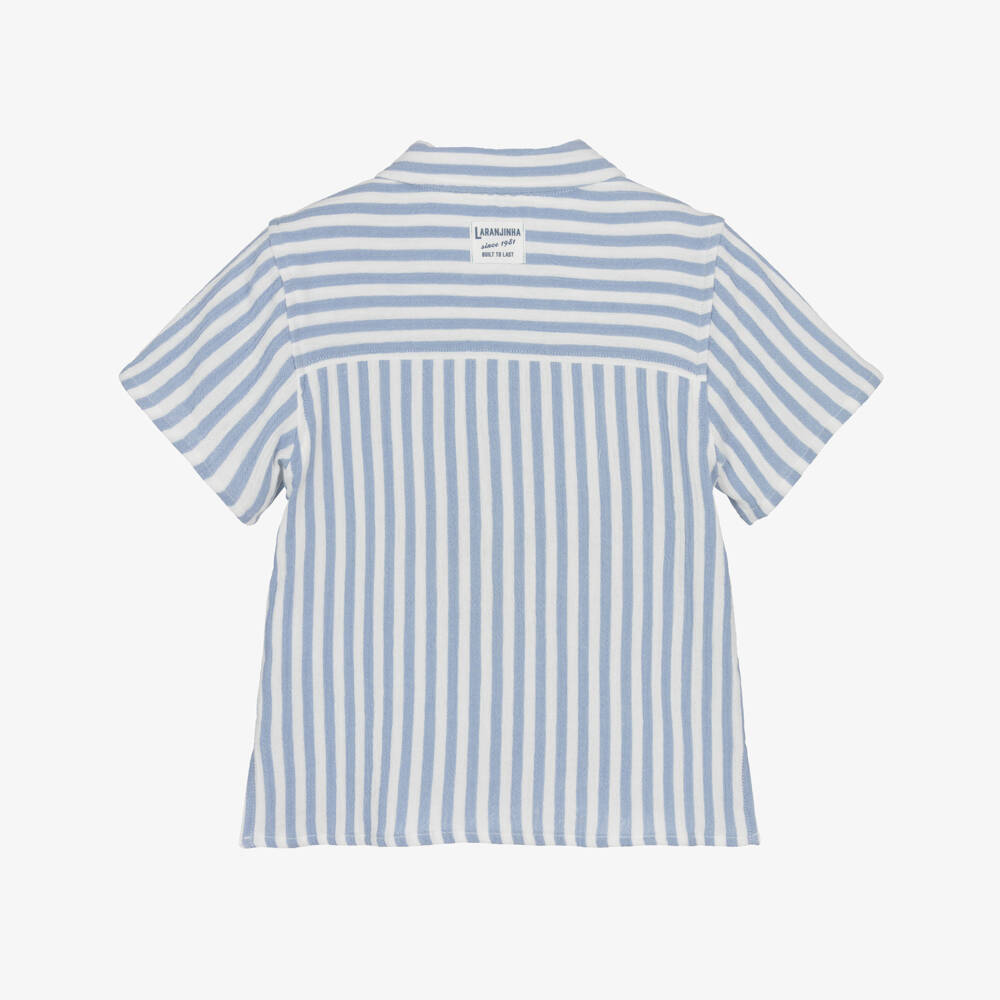 Laranjinha-Boys Blue & White Striped Cotton Short-Sleeve Shirt | Childrensalon Outlet