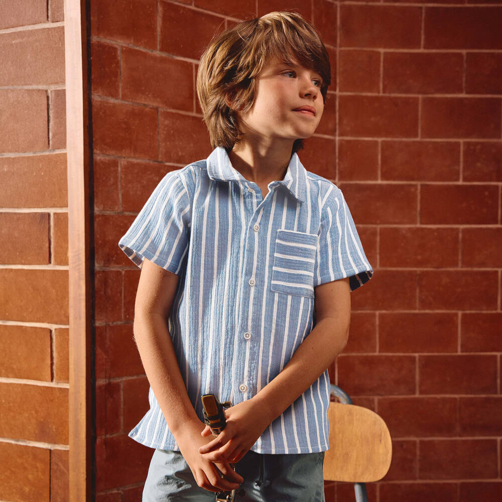 Laranjinha-Boys Blue & White Striped Cotton Short-Sleeve Shirt | Childrensalon Outlet