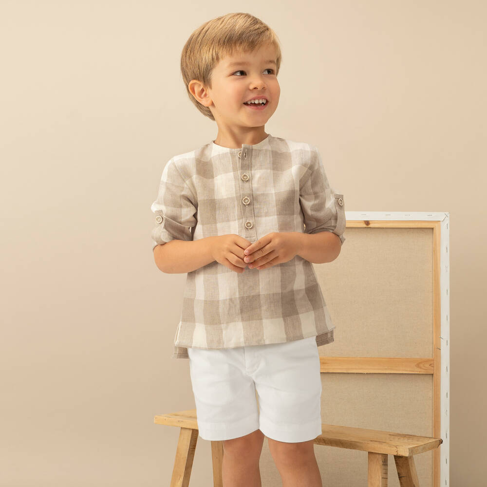 Chic by Laranjinha-قميص كتان كاروهات لون عاجي وبيج للأولاد | Childrensalon Outlet