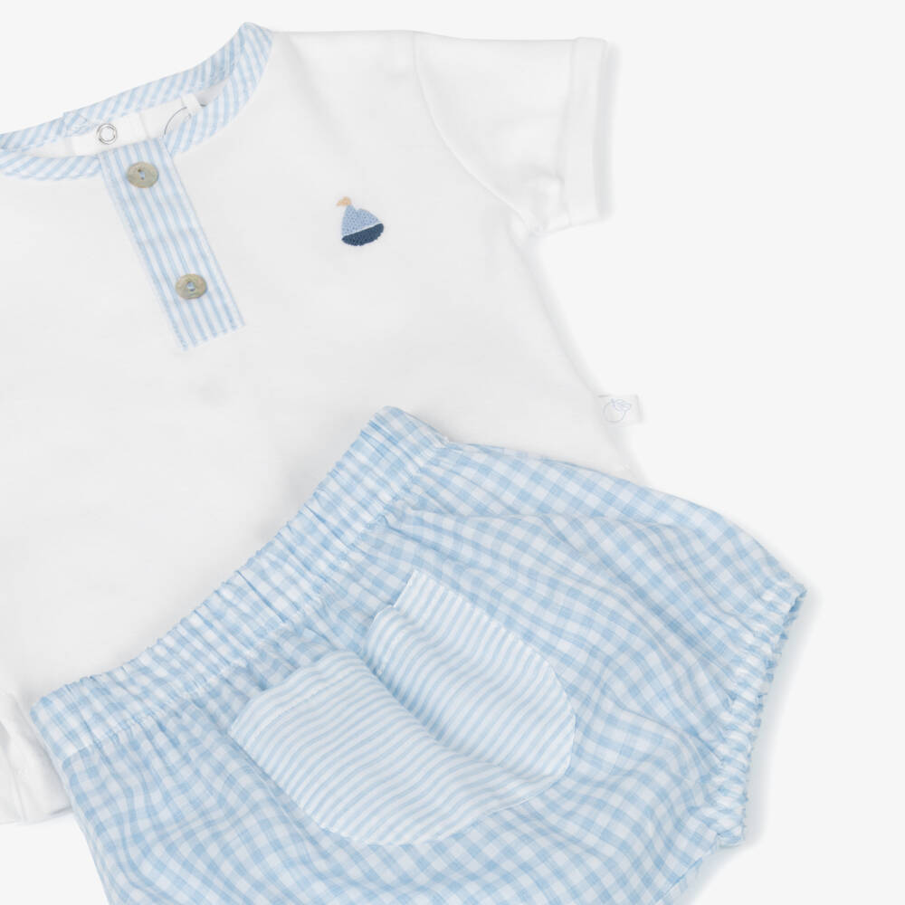 Laranjinha-Boys Cotton Ensemble in Blue & White | Childrensalon Outlet