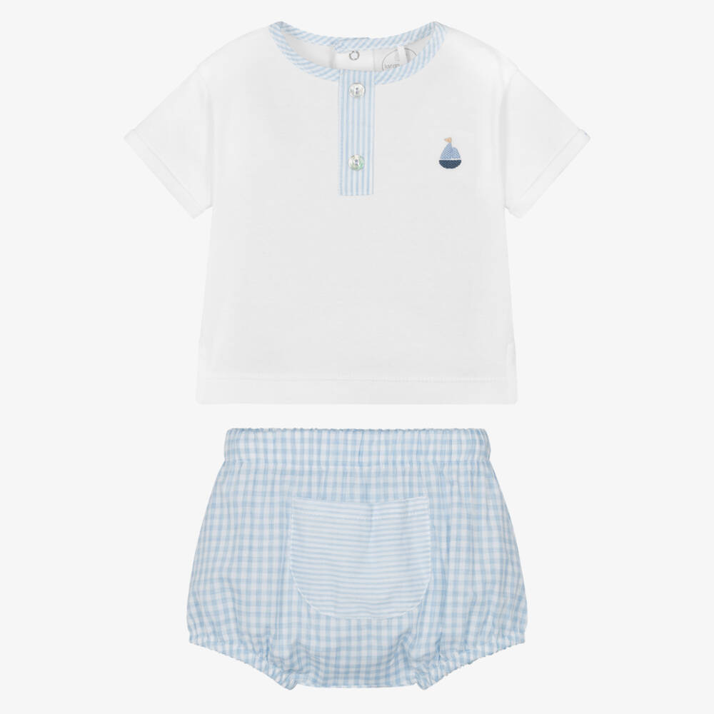 Laranjinha-Boys Cotton Ensemble in Blue & White | Childrensalon Outlet