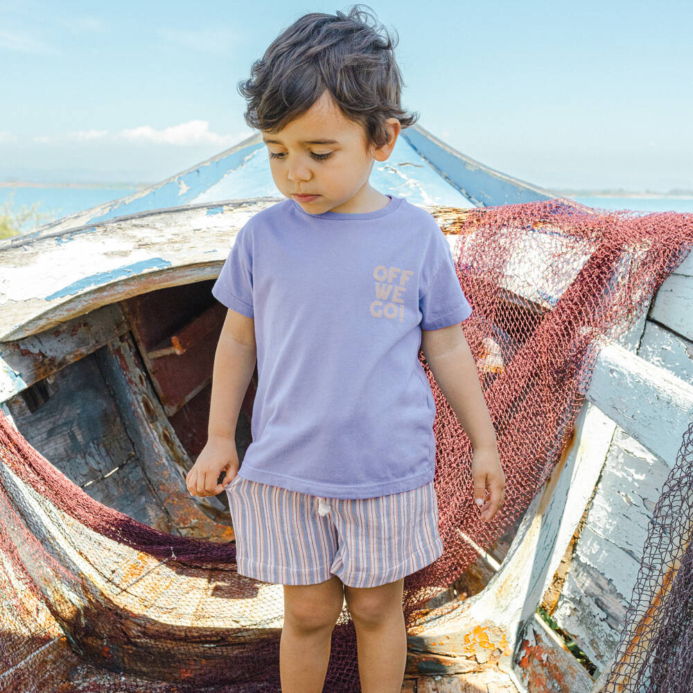 Laranjinha-Boys Cotton Shorts in Blue & Beige | Childrensalon Outlet