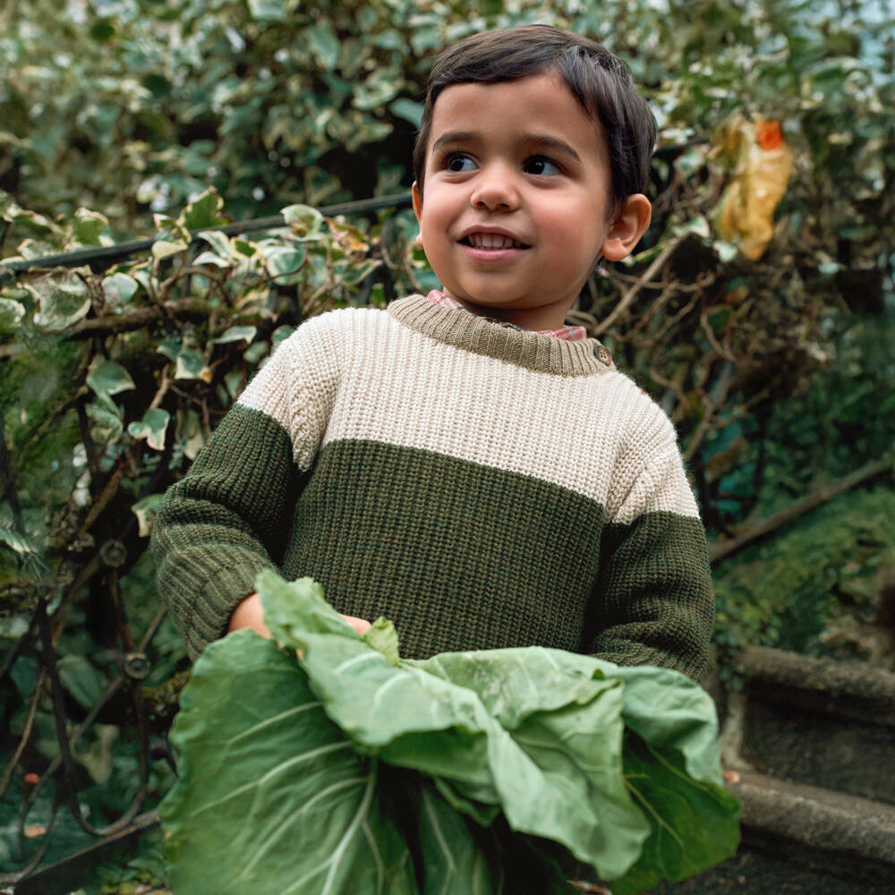 Laranjinha-Boys Green and Ivory Knit Sweater | Childrensalon Outlet