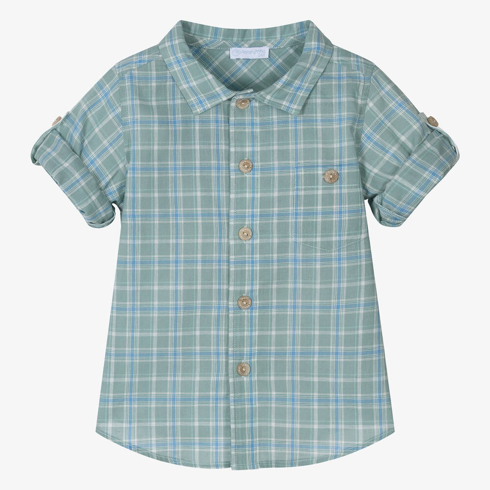 Laranjinha-Boys Green & Blue Cotton Check Shirt | Childrensalon Outlet