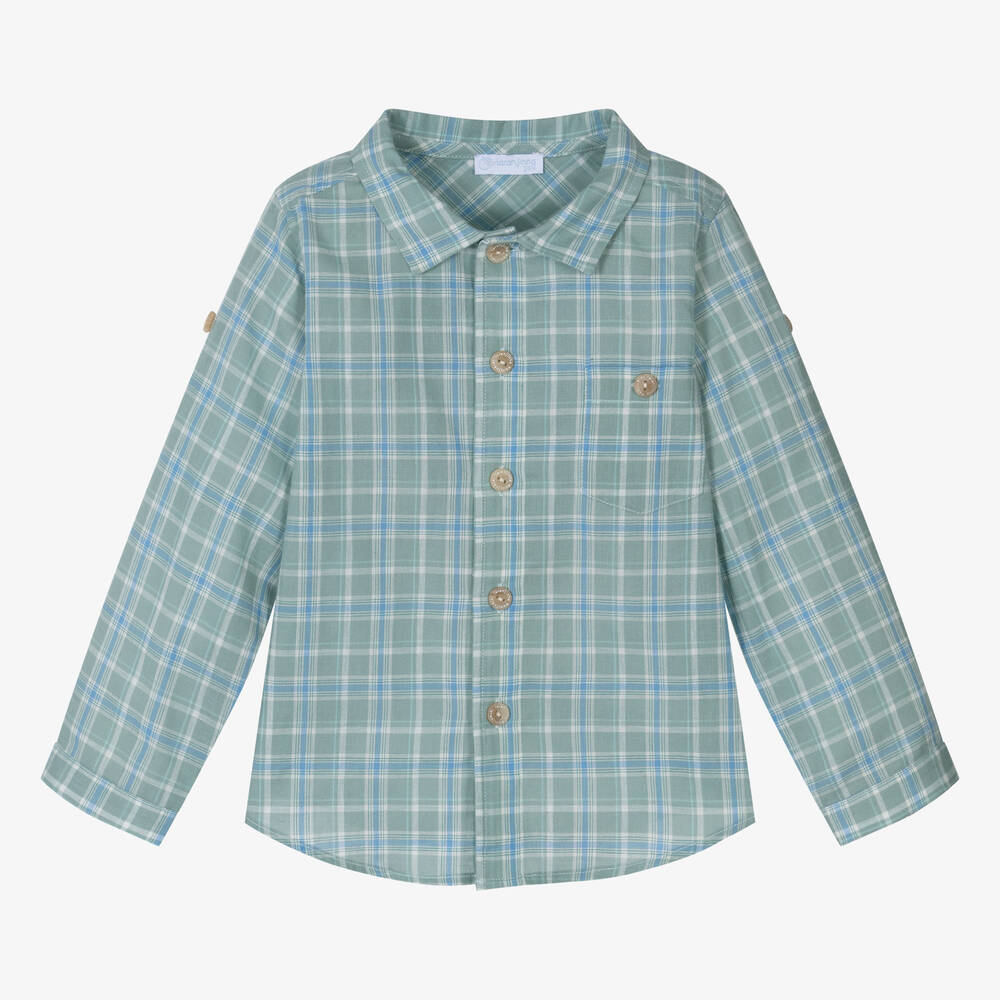 Laranjinha-Boys Green & Blue Cotton Check Shirt | Childrensalon Outlet