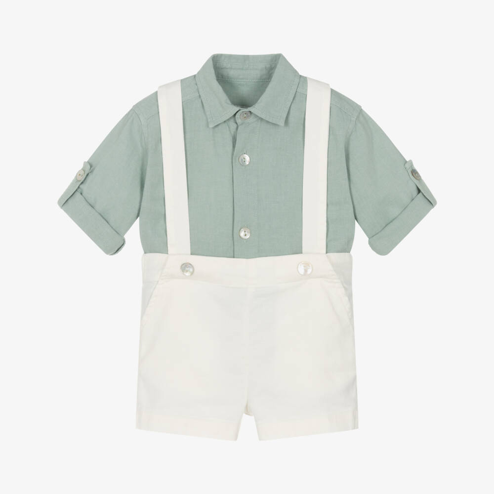 Laranjinha-Boys Green & Cream Linen Shorts Ensemble | Childrensalon Outlet