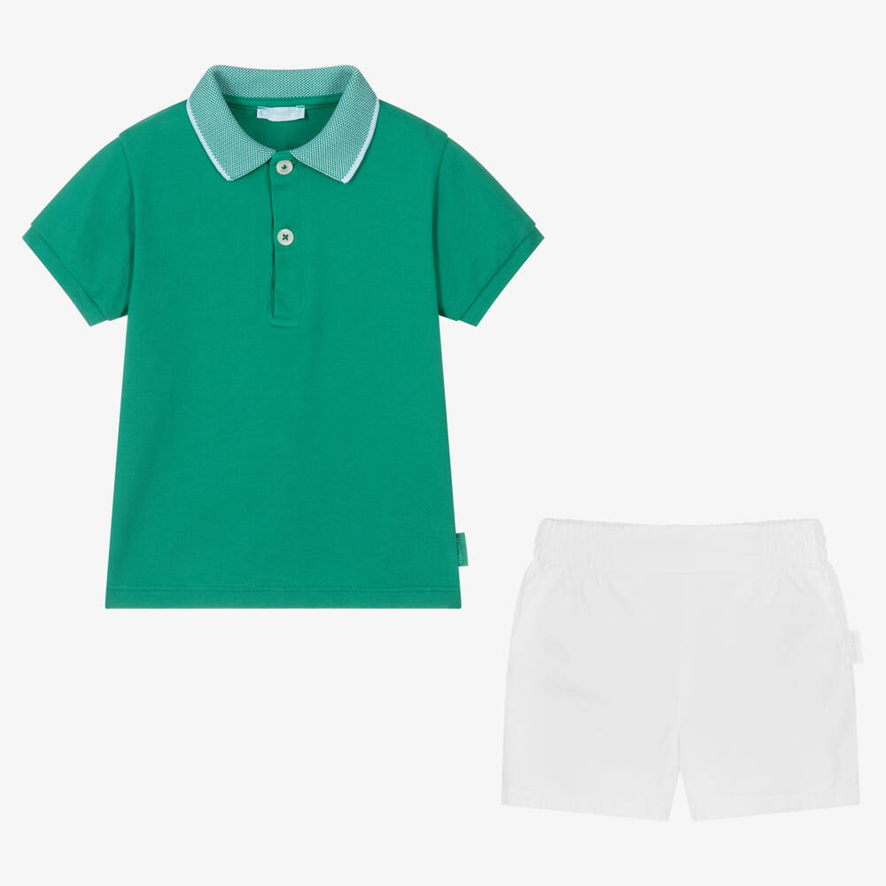 Laranjinha-Boys Green & White Cotton Shorts Set | Childrensalon Outlet