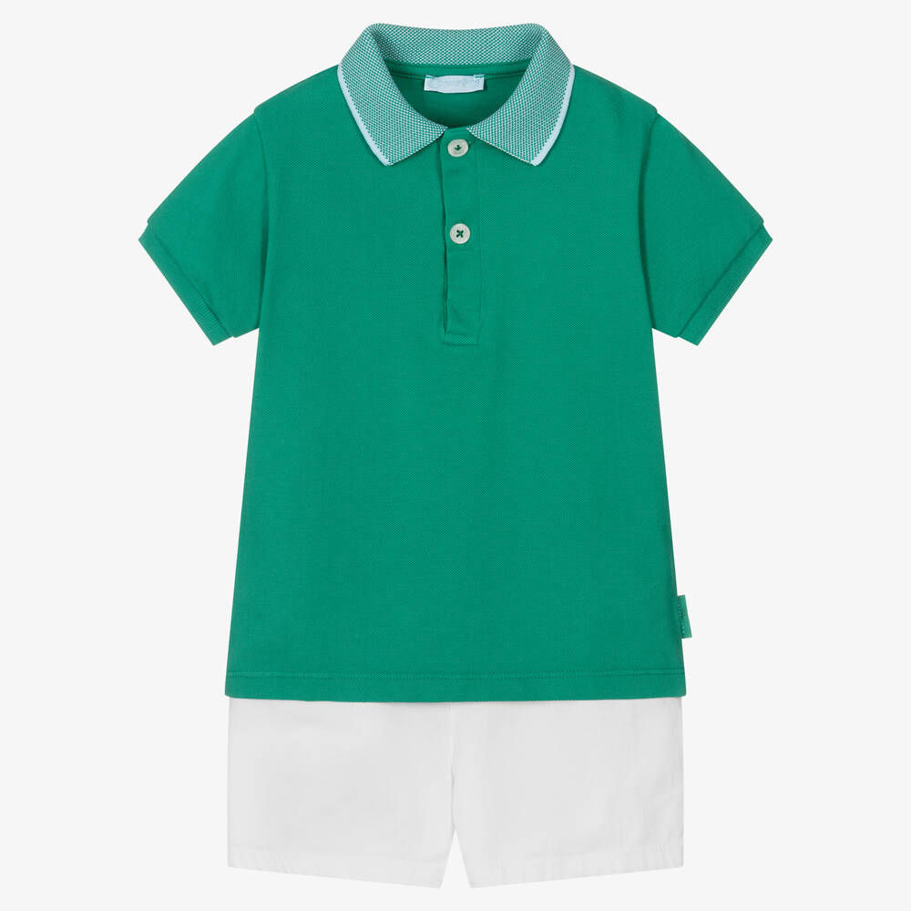 Laranjinha - Boys Green & White Cotton Shorts Set | Childrensalon