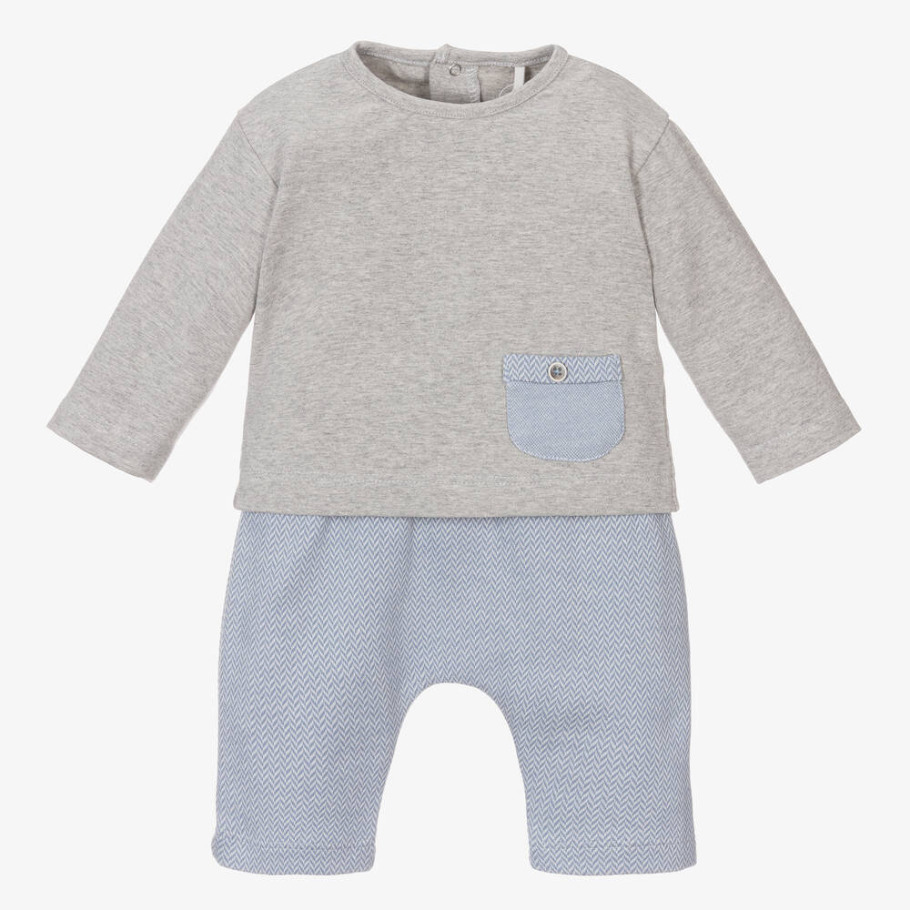 Laranjinha - Boys Grey & Blue Cotton Trouser Set | Childrensalon