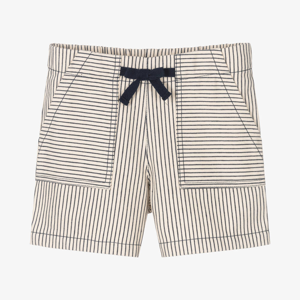 Laranjinha - Boys Ivory & Blue Stripe Cotton Shorts | Childrensalon