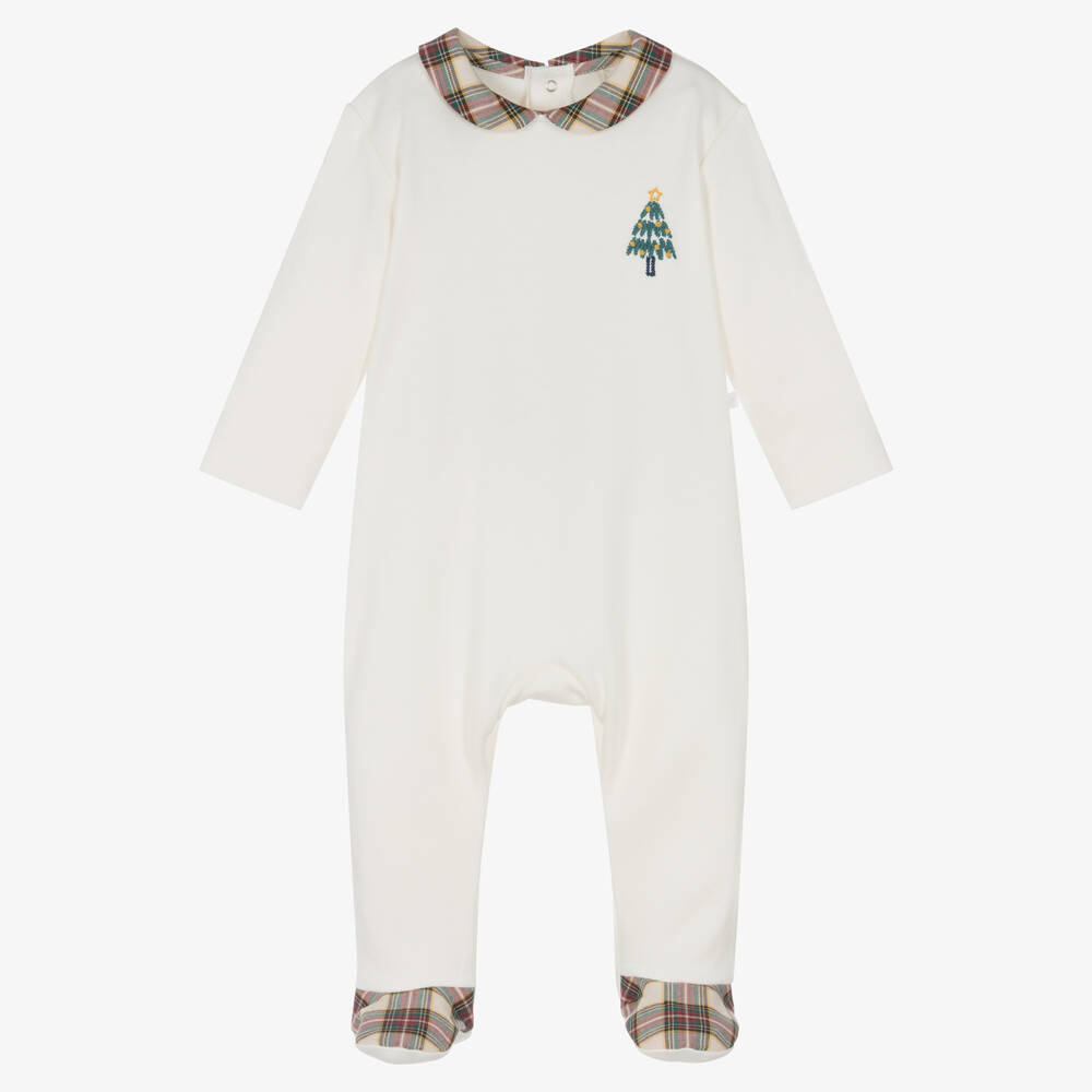 Laranjinha - Boys Ivory Cotton Christmas Tree Babygrow  | Childrensalon