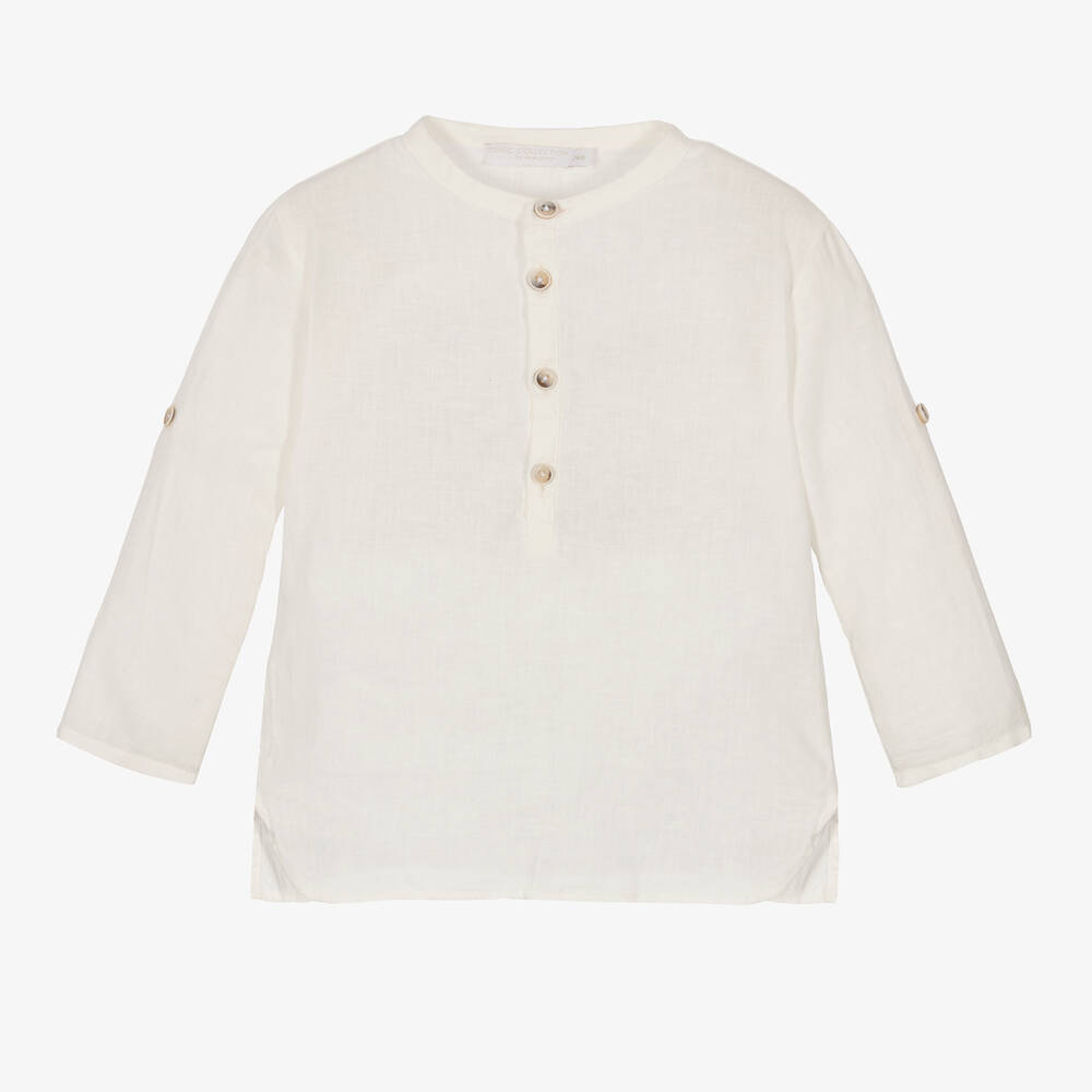 Laranjinha - Boys Ivory Linen & Cotton Popover Shirt | Childrensalon