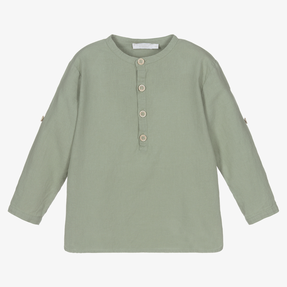 Laranjinha - Boys Khaki Green Linen Shirt | Childrensalon