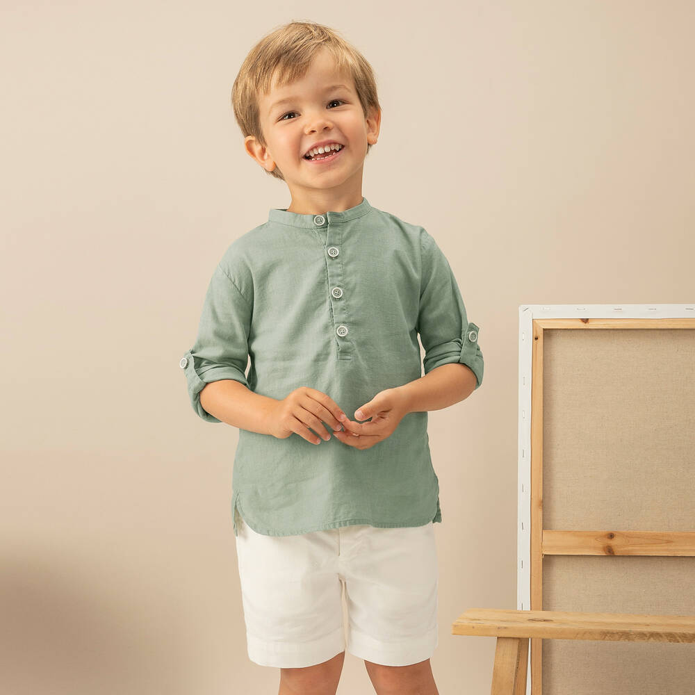 Laranjinha-قميص مزيج قطن وكتان لون أخضر كاكي للأولاد | Childrensalon Outlet