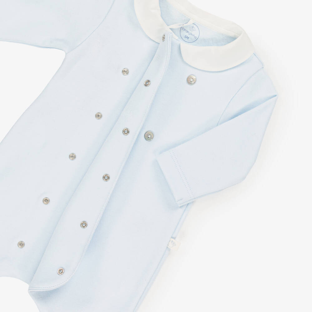 Laranjinha-Boys Light Blue Cotton Babygrow with White Collar | Childrensalon Outlet