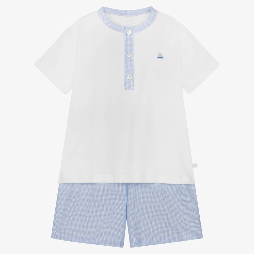Laranjinha - Boys Light Blue & White Cotton Pyjamas | Childrensalon
