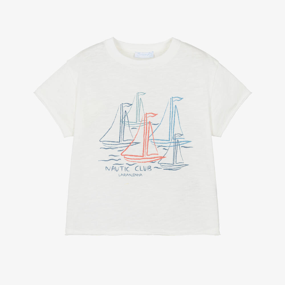 Laranjinha-Boys Off-White Cotton Sailboat T-Shirt | Childrensalon Outlet