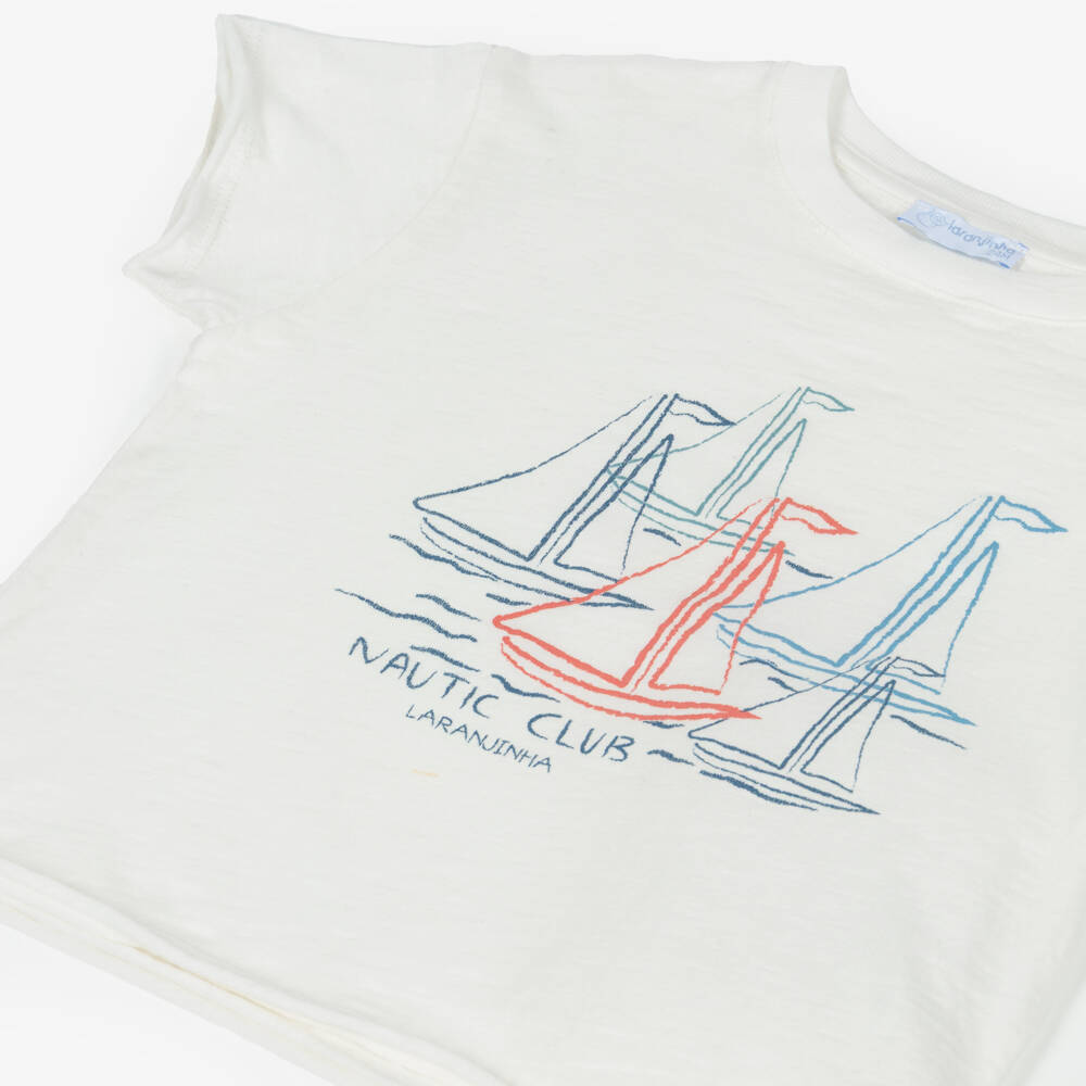 Laranjinha-Boys Off-White Cotton Sailboat T-Shirt | Childrensalon Outlet