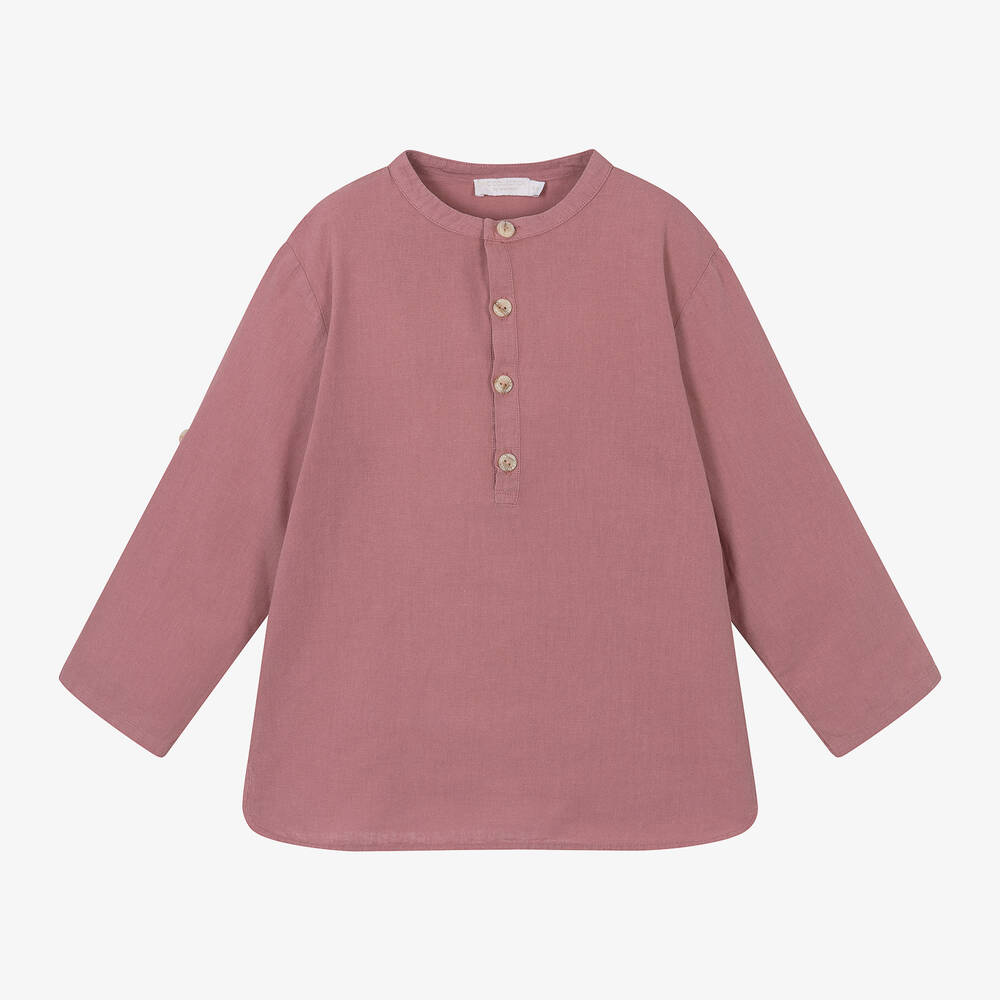 Laranjinha-Boys Red Linen Collarless Shirt | Childrensalon Outlet