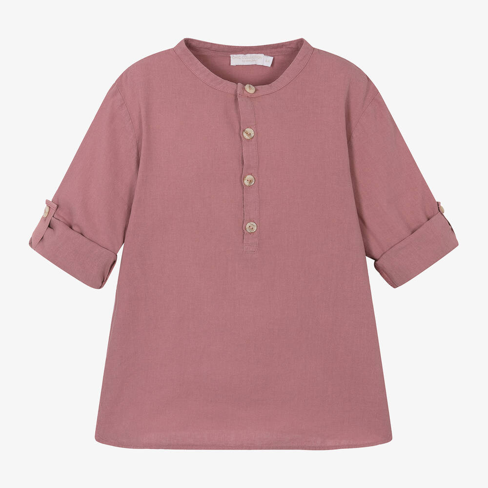 Laranjinha-Boys Red Linen Collarless Shirt | Childrensalon Outlet