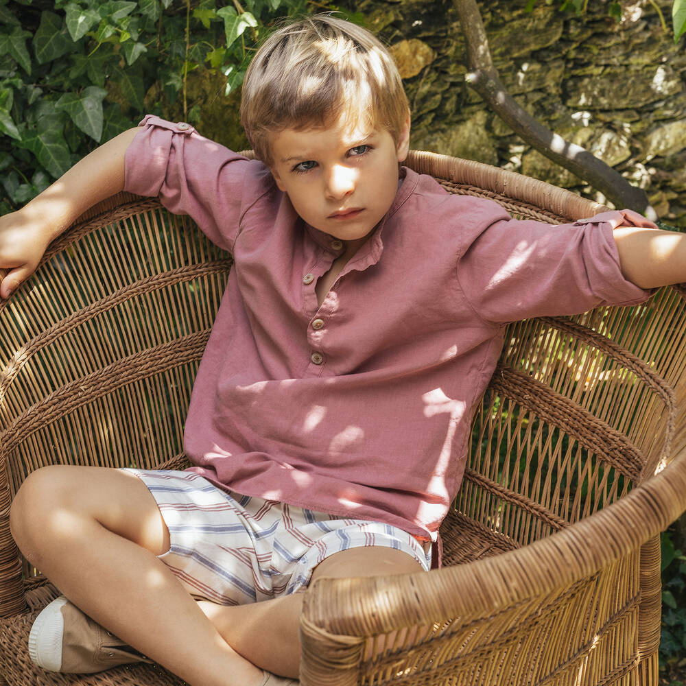 Laranjinha-Boys Red Linen Collarless Shirt | Childrensalon Outlet