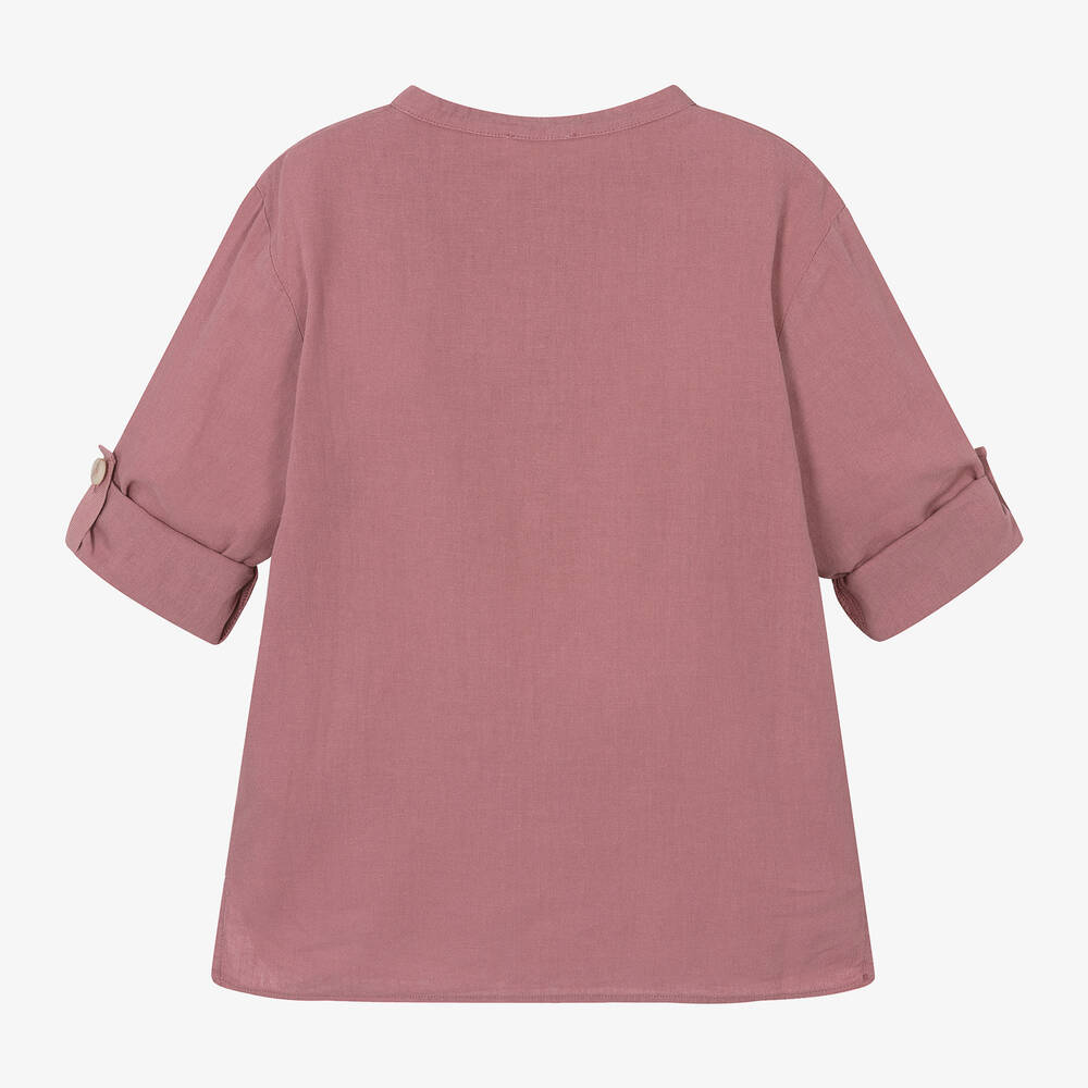 Laranjinha-Boys Red Linen Collarless Shirt | Childrensalon Outlet