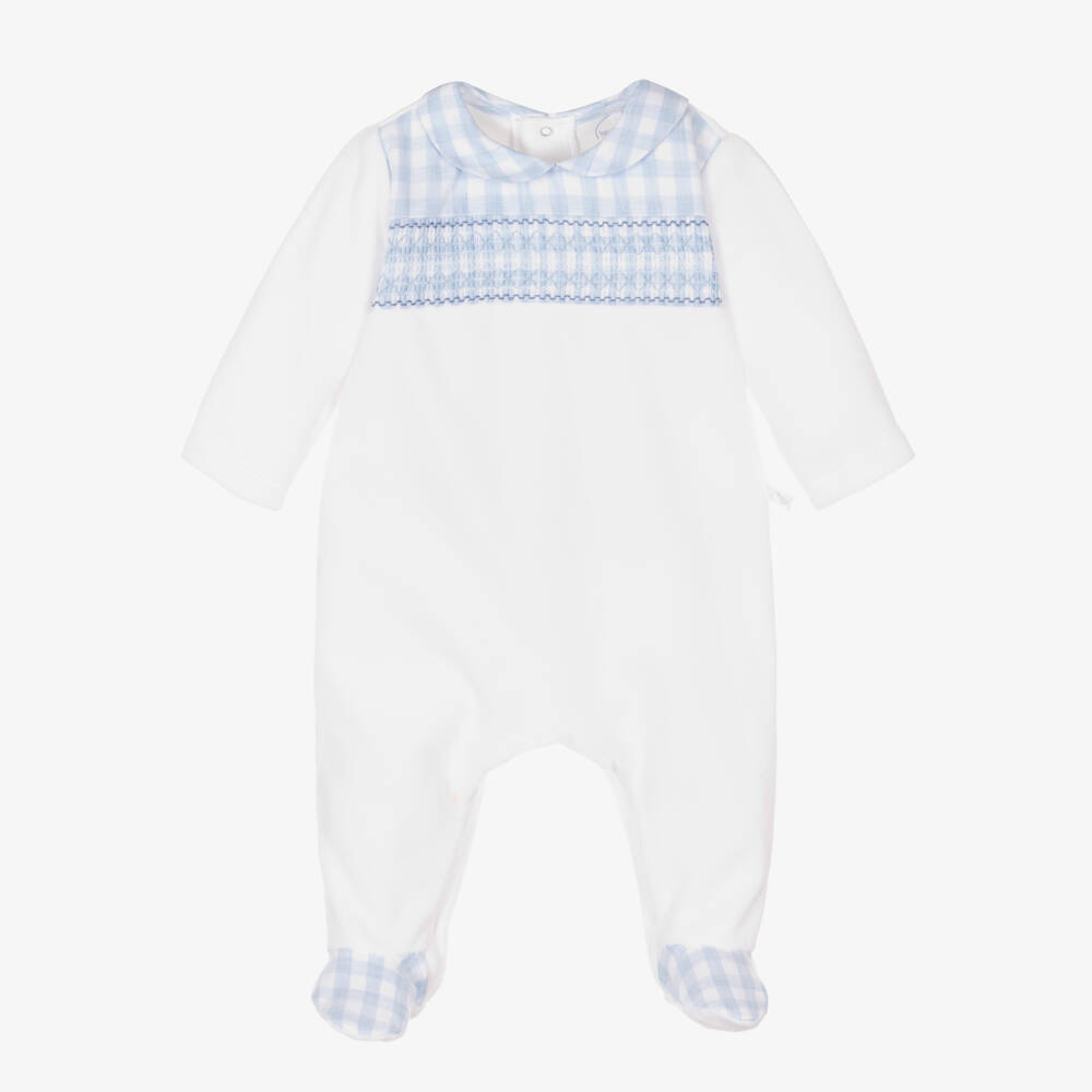 Laranjinha-Boys Velour Babygrow with Blue Accents | Childrensalon Outlet
