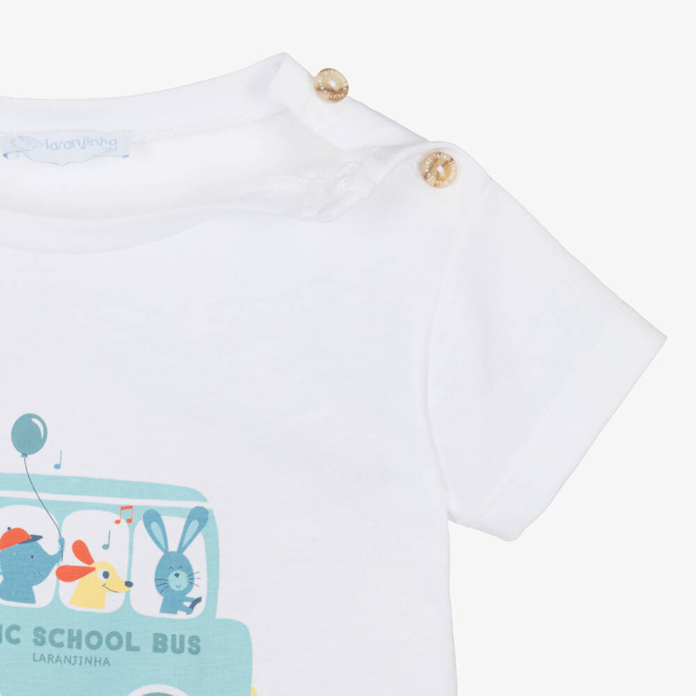 Laranjinha-Boys White & Beige Cotton Shorts Set with Animal Bus Print | Childrensalon Outlet