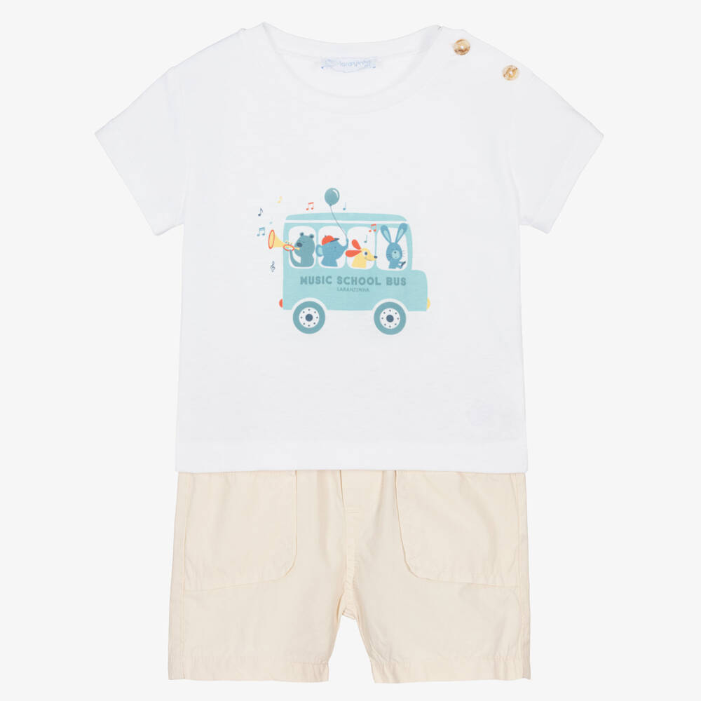 Laranjinha-Boys White & Beige Cotton Shorts Set with Animal Bus Print | Childrensalon Outlet