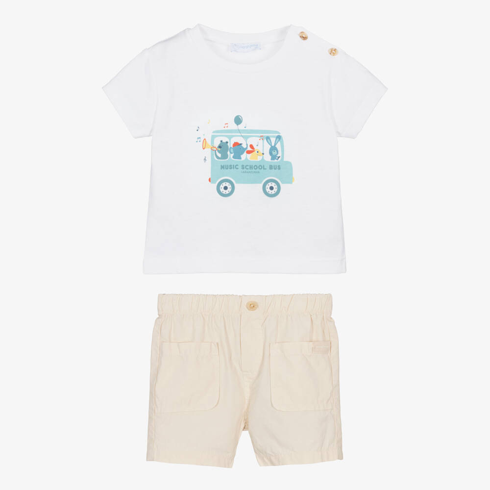 Laranjinha-Boys White & Beige Cotton Shorts Set with Animal Bus Print | Childrensalon Outlet