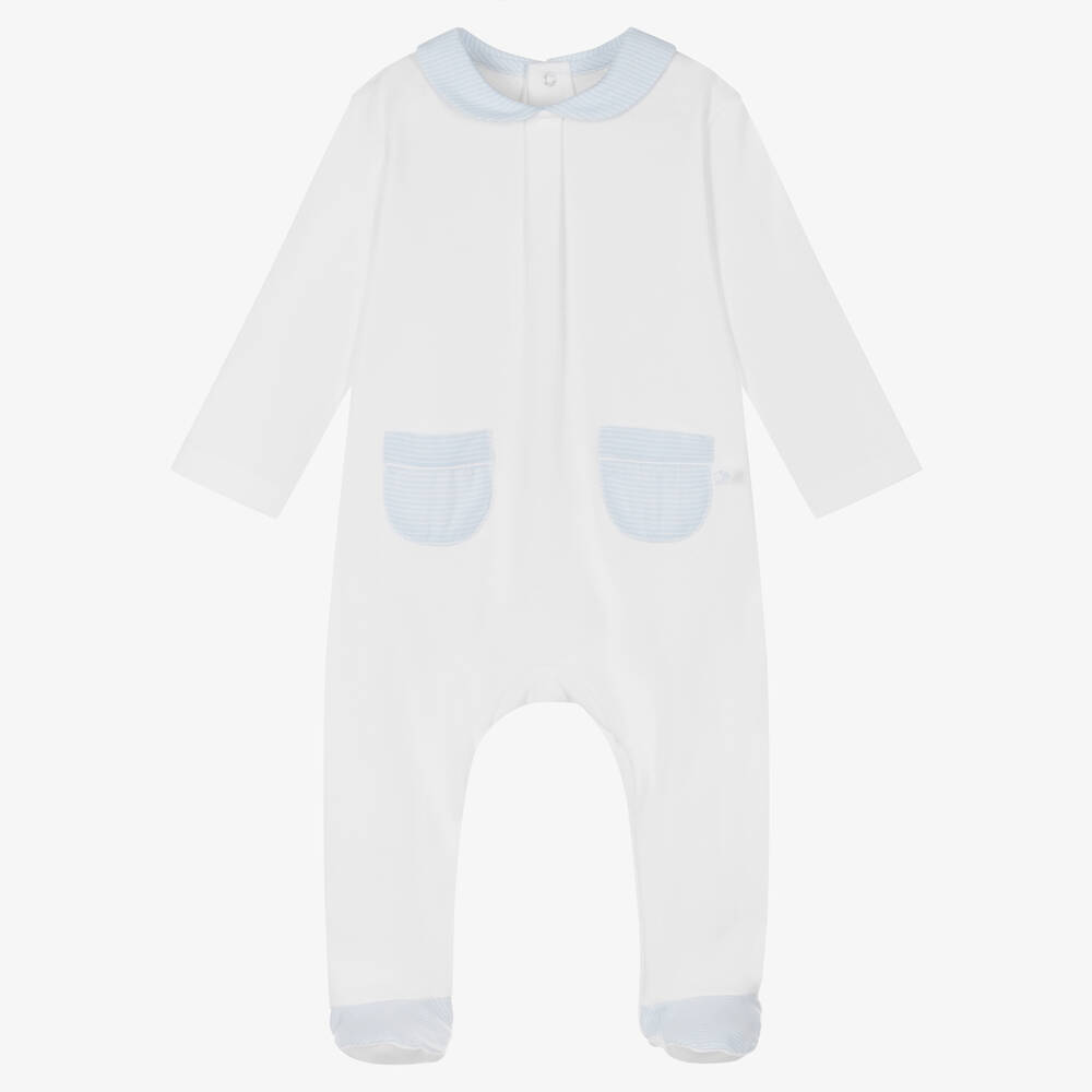 Laranjinha - Boys White & Blue Cotton Babygrow | Childrensalon