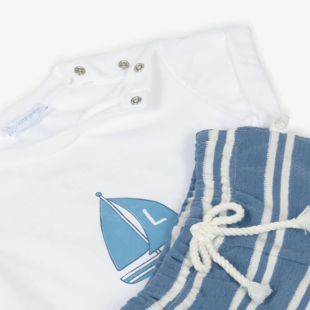 Laranjinha-Boys White & Blue Cotton Sailing Club Shorts Set | Childrensalon Outlet
