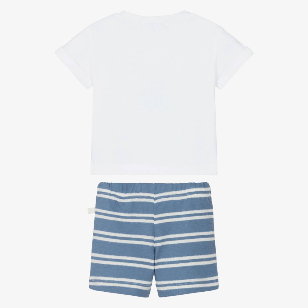 Laranjinha-Boys White & Blue Cotton Sailing Club Shorts Set | Childrensalon Outlet