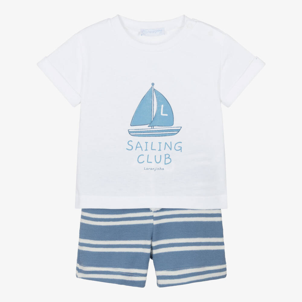 Laranjinha-Boys White & Blue Cotton Sailing Club Shorts Set | Childrensalon Outlet
