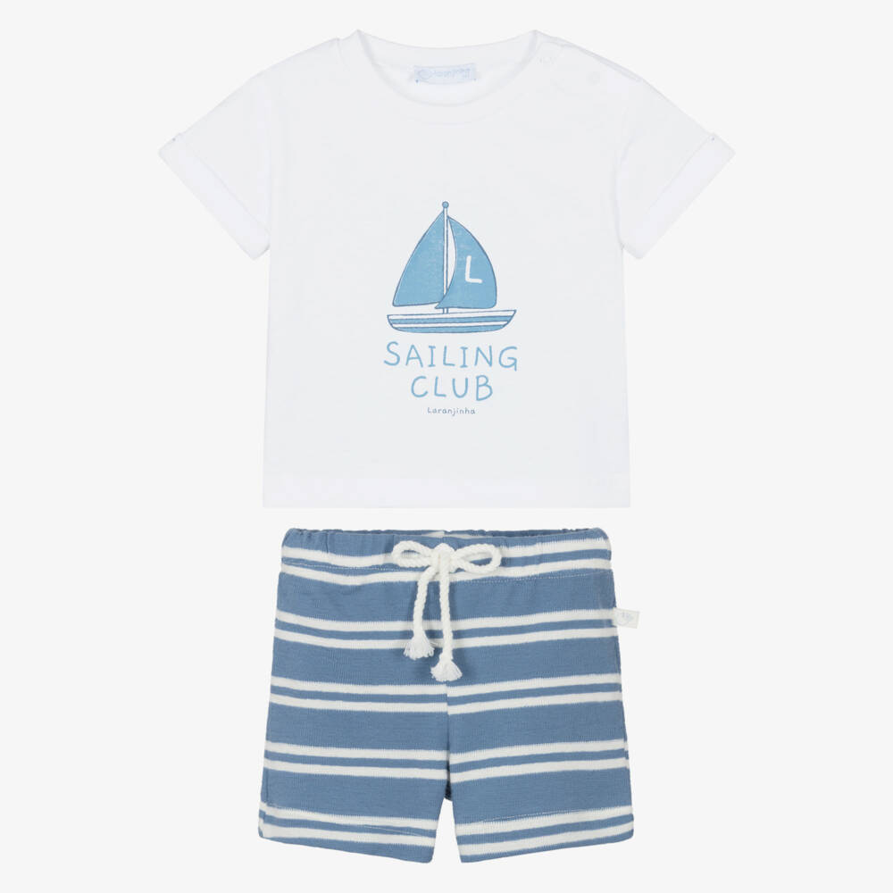 Laranjinha-Boys White & Blue Cotton Sailing Club Shorts Set | Childrensalon Outlet