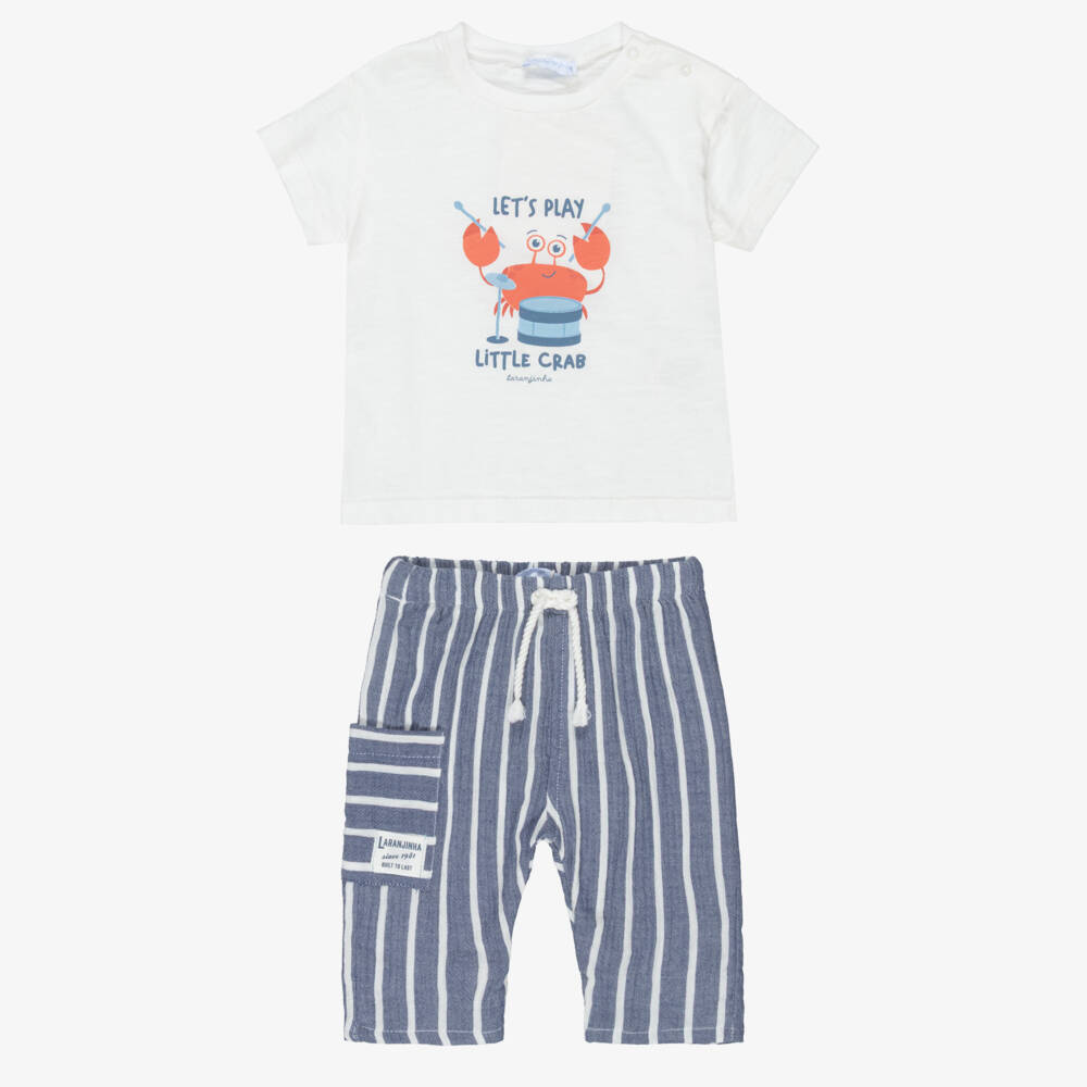 Laranjinha-Boys White & Blue Cotton Trouser Set | Childrensalon Outlet