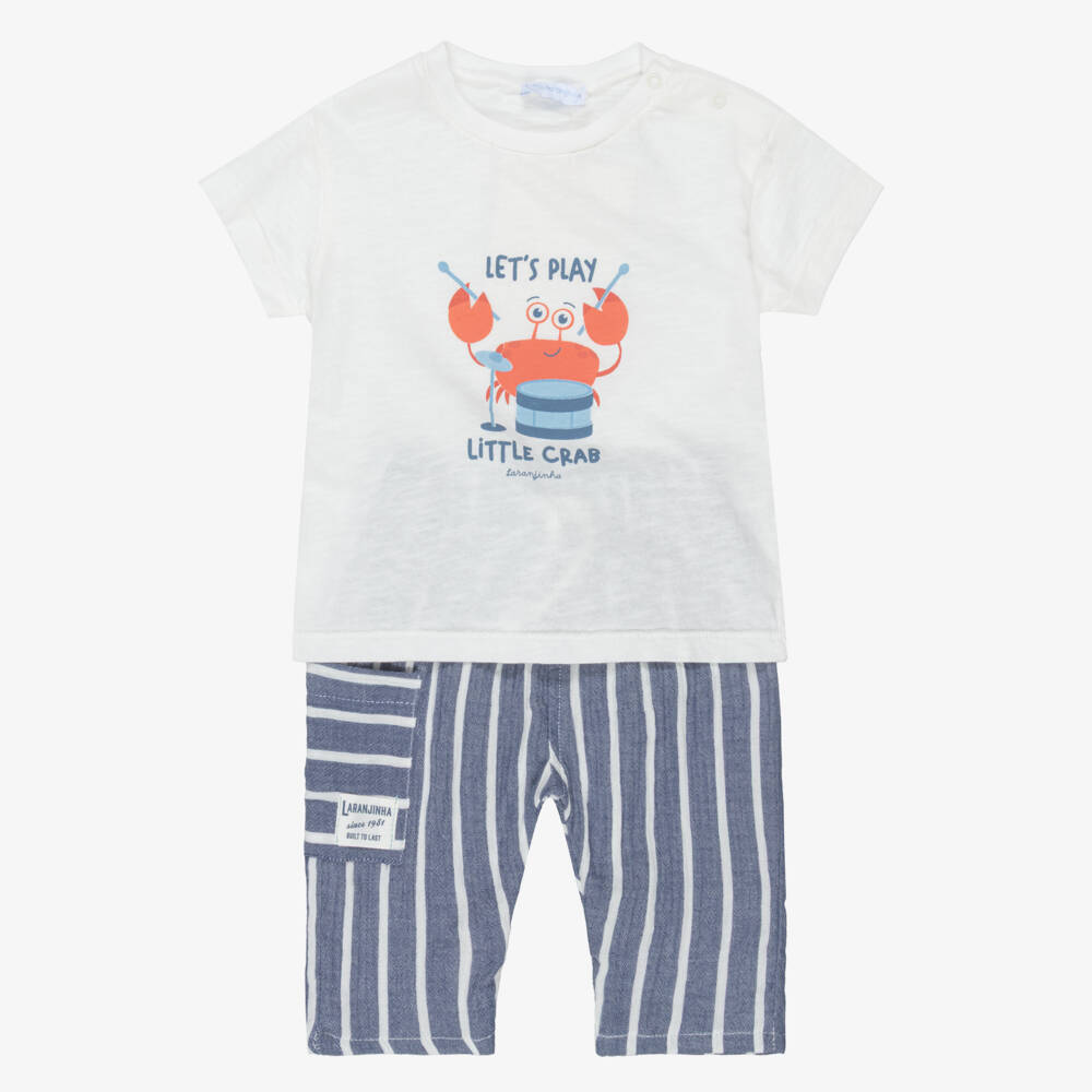 Laranjinha-Boys White & Blue Cotton Trouser Set | Childrensalon Outlet