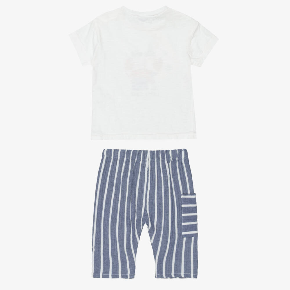 Laranjinha-Boys White & Blue Cotton Trouser Set | Childrensalon Outlet